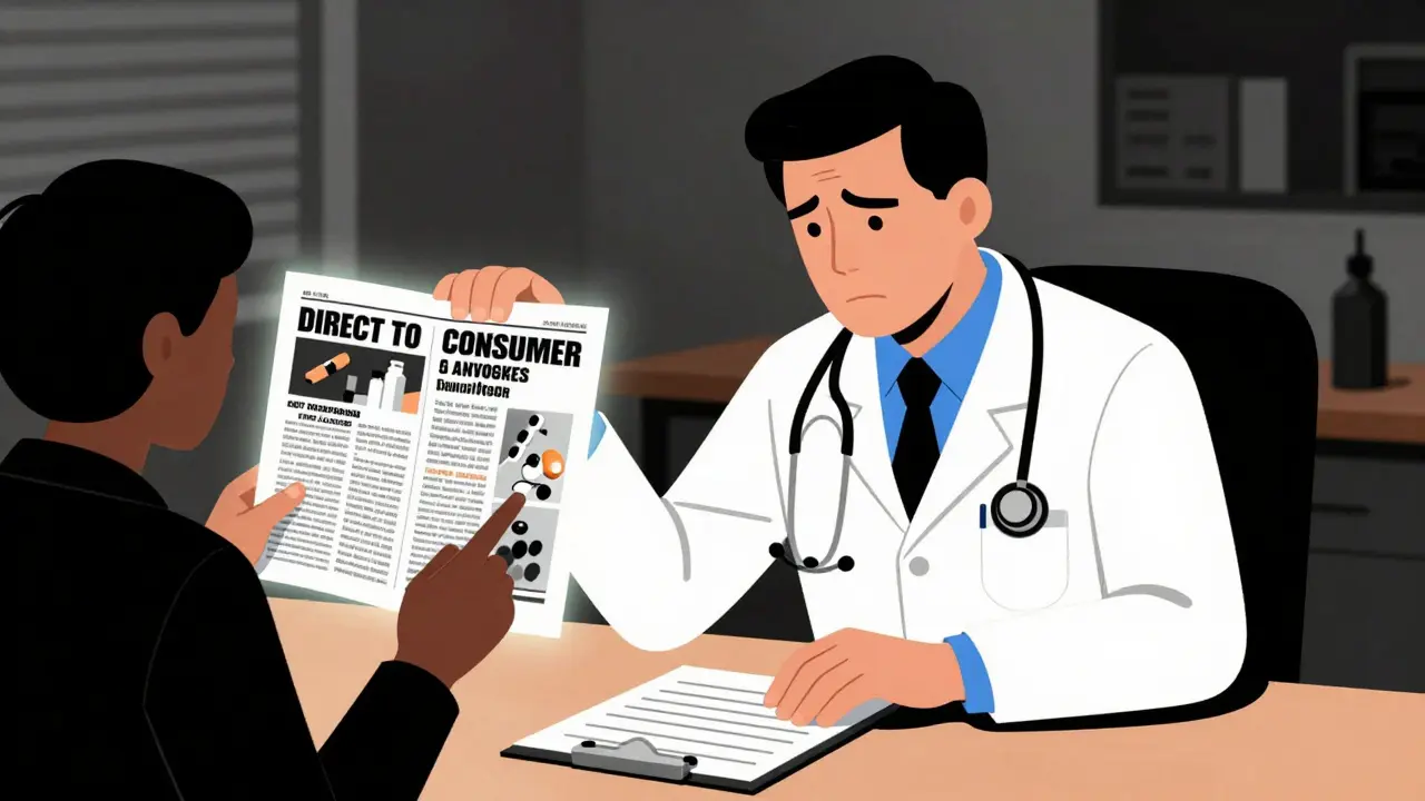 Doctor pressured by patient holding a glowing drug advertisement