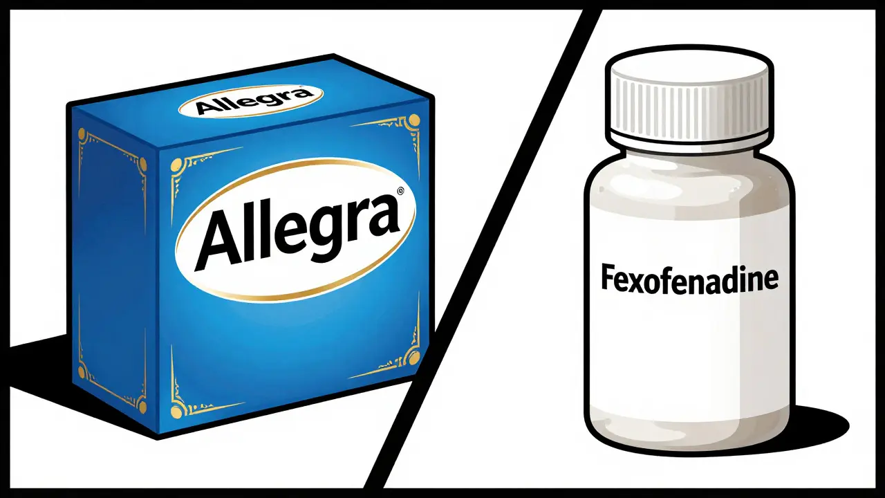 Graphic art comparing flashy brand packaging with simple generic medicine bottles