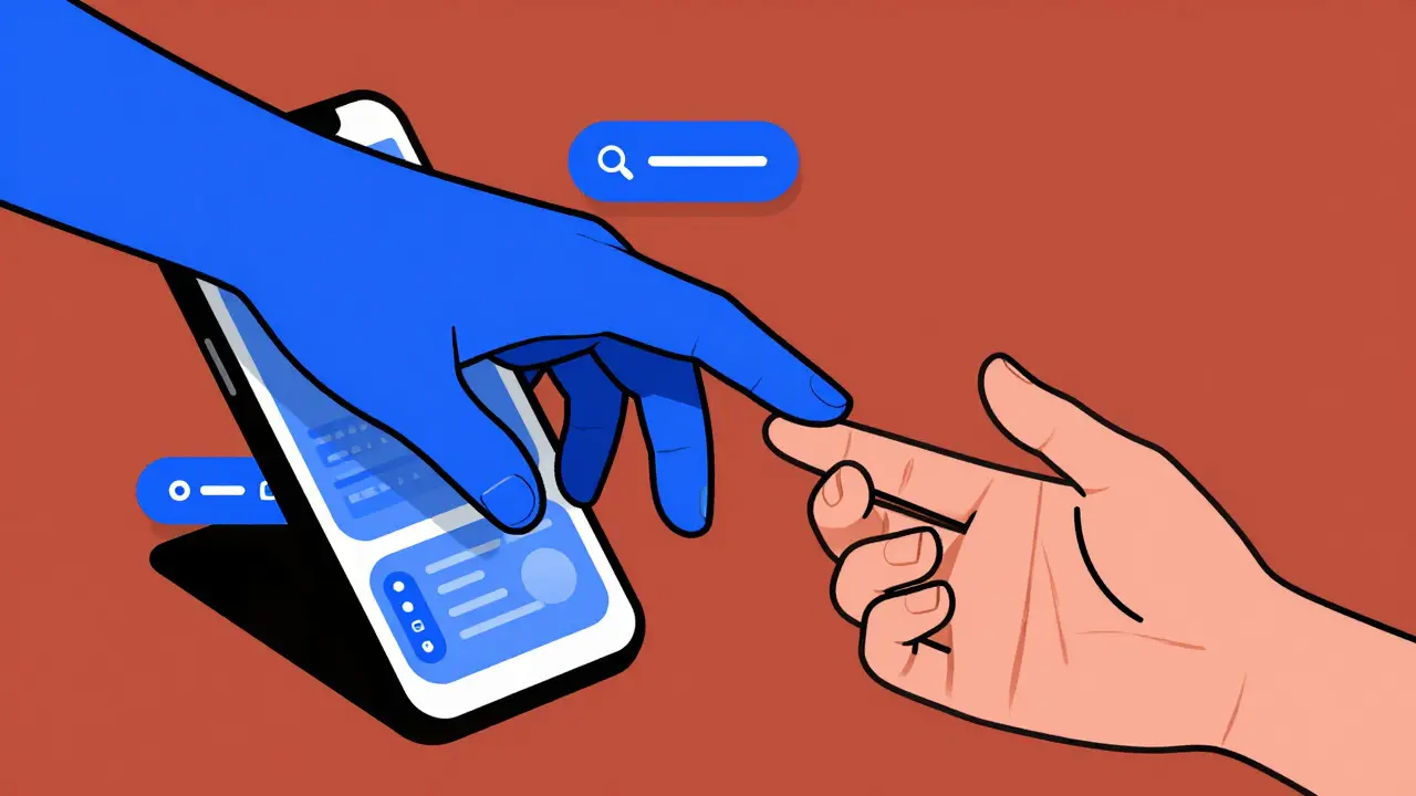 Graphic art showing a digital hand connecting with a human hand for health support