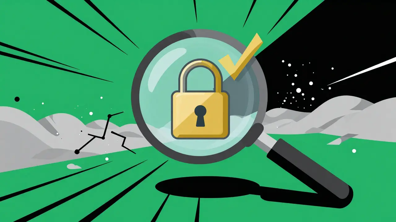 Graphic art showing a magnifying glass verifying secure online pharmacy connections