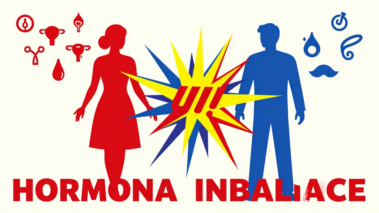 Graphic art showing hormonal imbalance symptoms in men and women