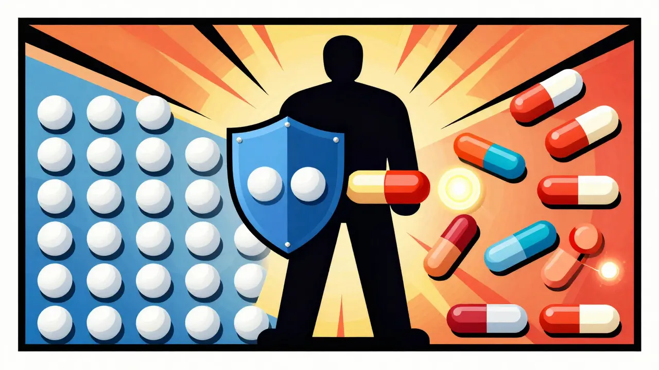 Graphic art showing trademark laws preventing identical generic pills