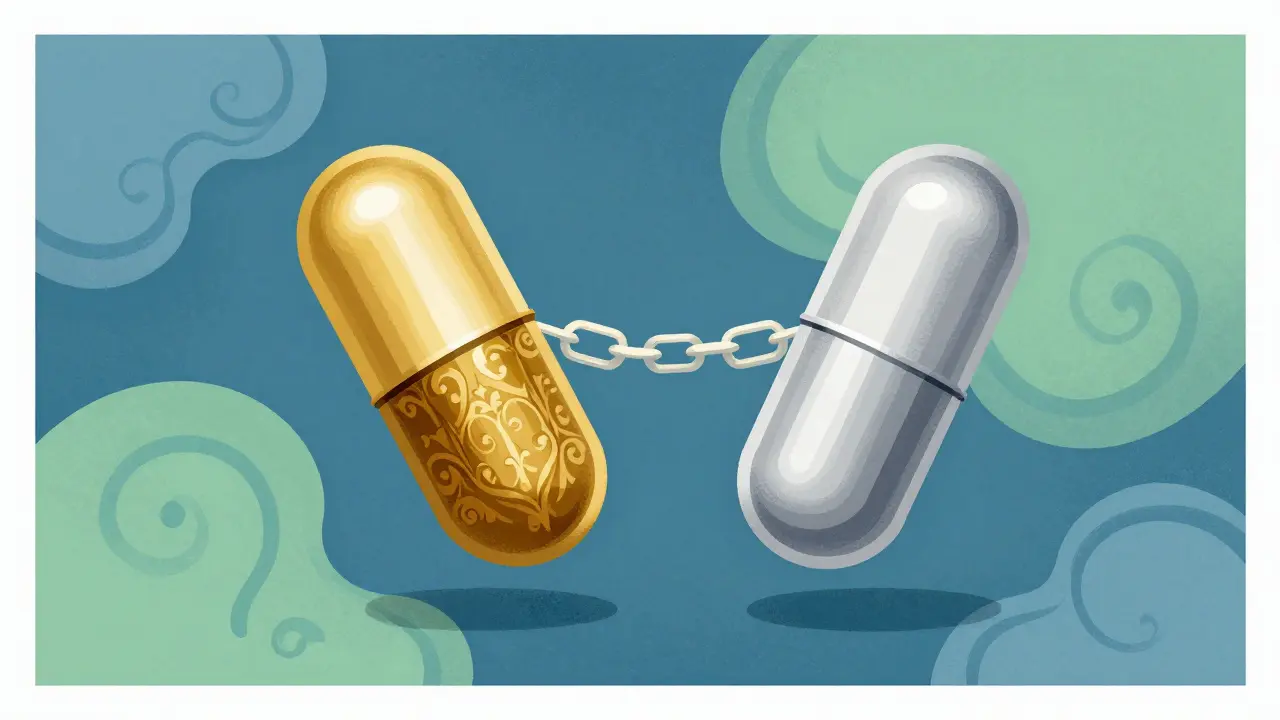 Graphic illustration comparing a gold brand-name pill and a silver generic pill as equal.
