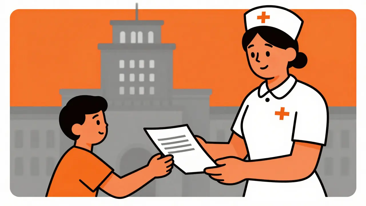 Patient handing report to nurse, avoiding distant bureaucracy