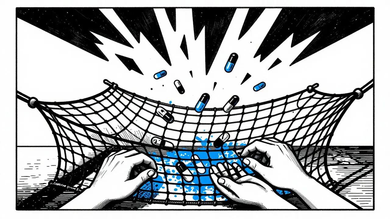 Safety net made of hands catching falling pills, high contrast art