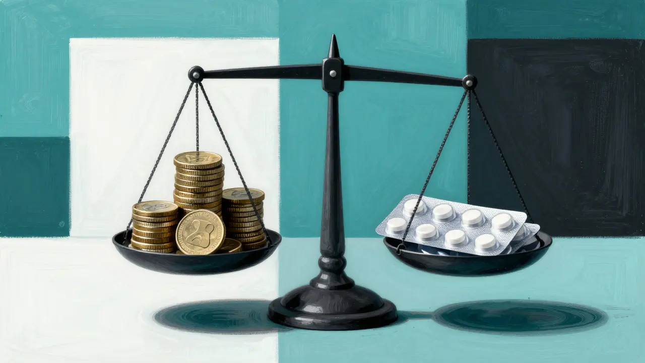 Scale balancing savings coins with metformin medication pack