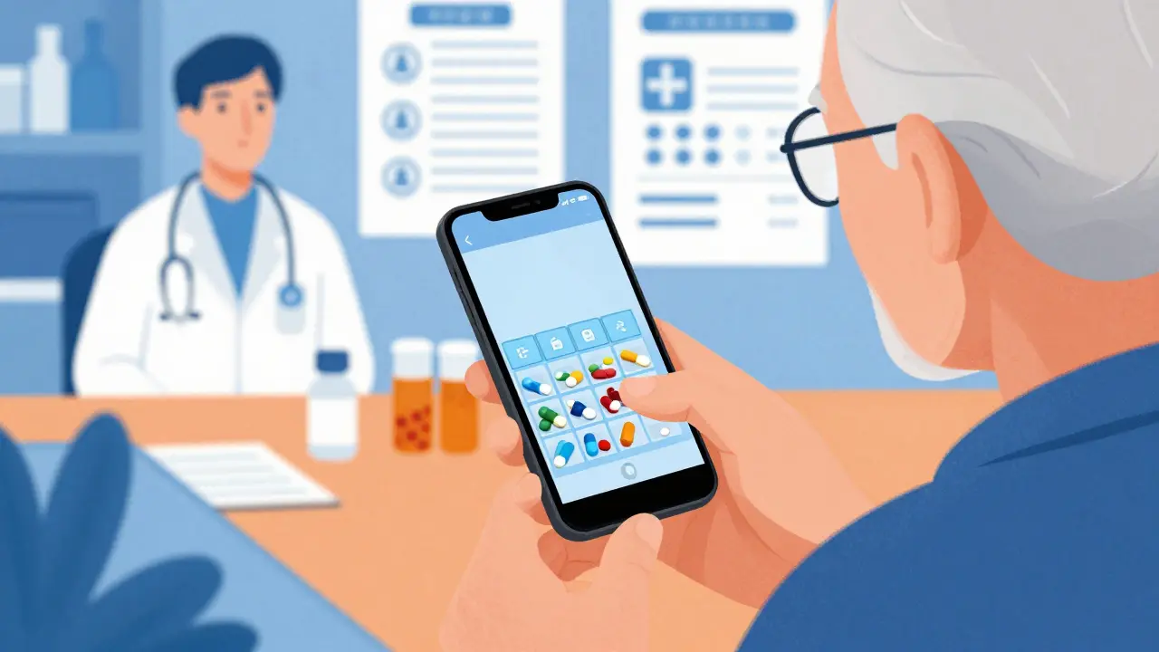 Senior taking photo of pill organizer with smartphone
