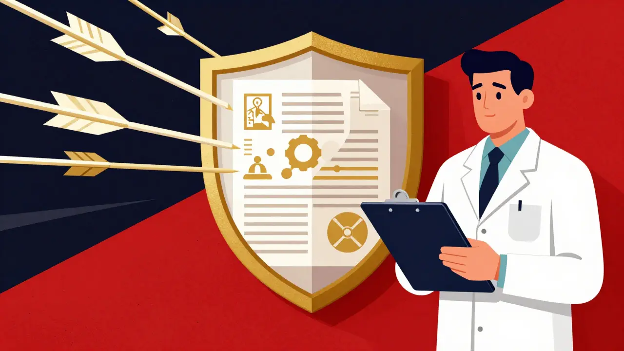 Shield of documents protecting a pharmacist