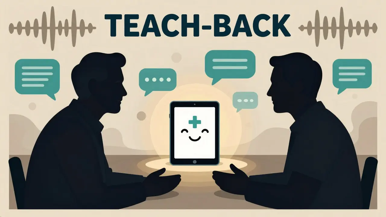 Stylized drawing of doctor and senior discussing health via tablet