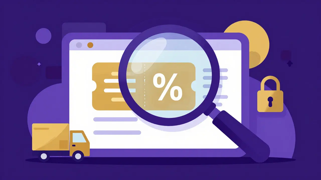 Stylized magnifying glass revealing discounts and safe delivery icons on a screen