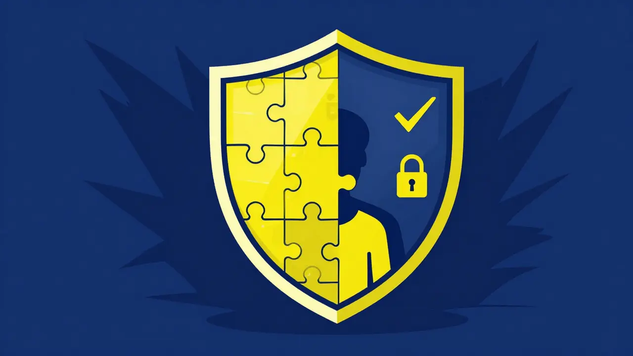 Symbolic poster art of a shield protecting a user from dark scam shapes online.