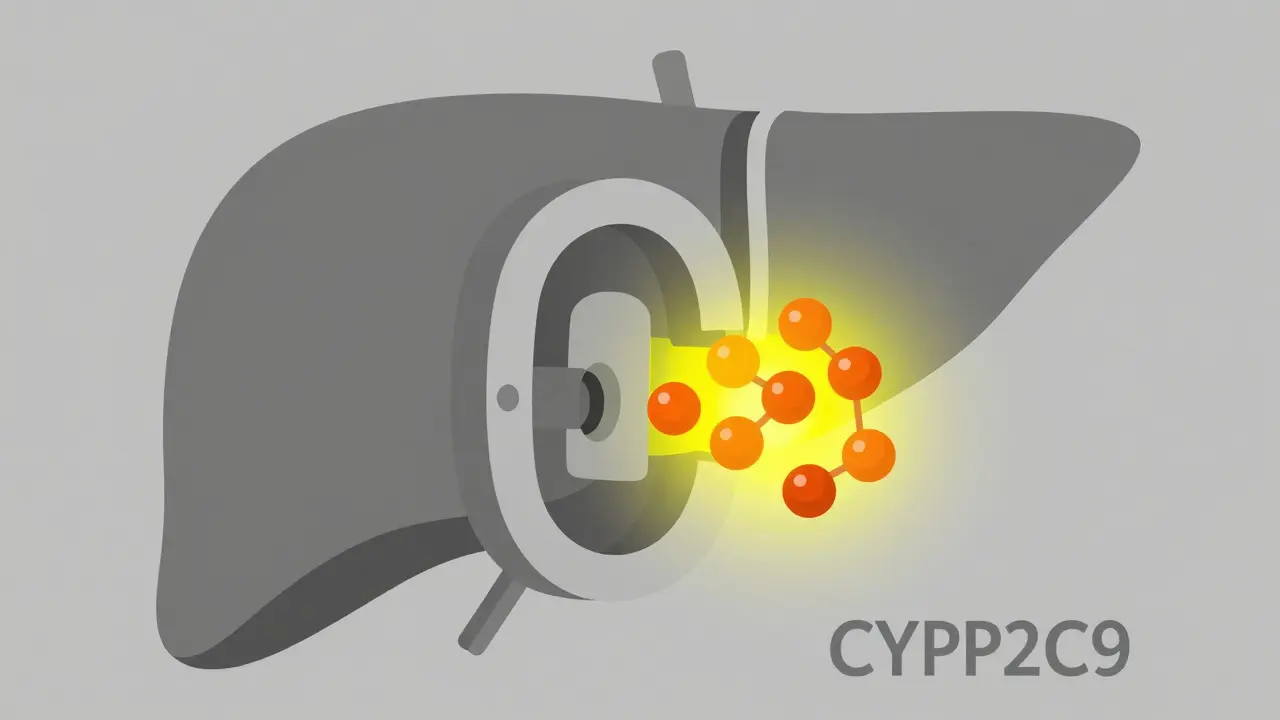 Abstract illustration of cranberry compounds blocking a liver enzyme mechanism