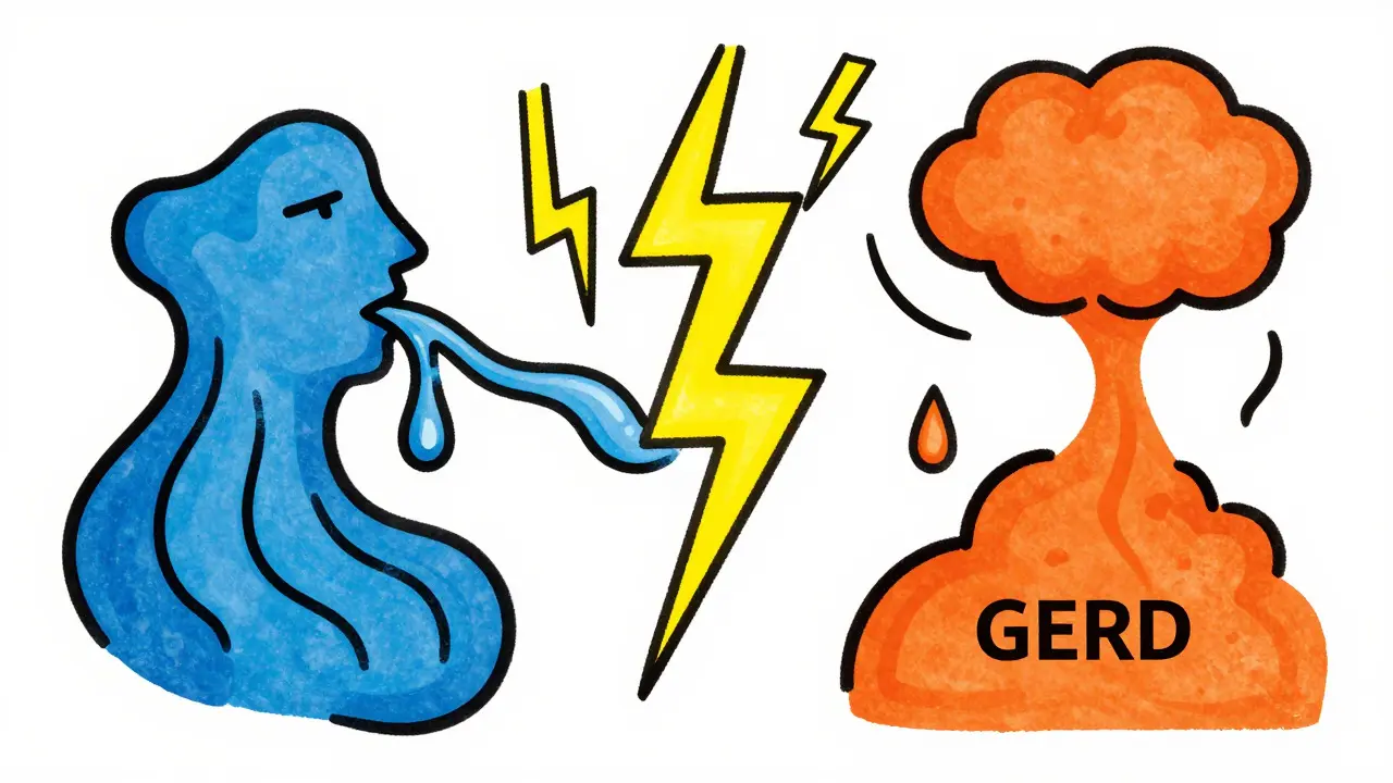 Abstract Polish poster style art showing three symbols for postnasal drip, asthma, and GERD.