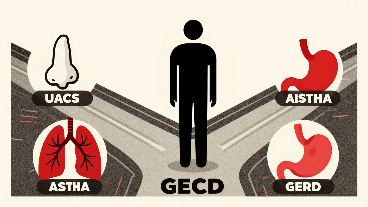 Conceptual illustration of a patient choosing between three diagnostic paths for cough causes.