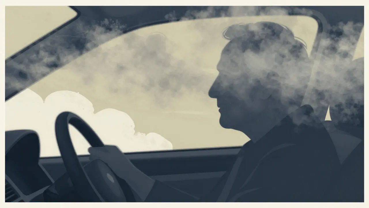 Elderly man's silhouette filled with fog behind a blurred steering wheel, showing daytime drowsiness