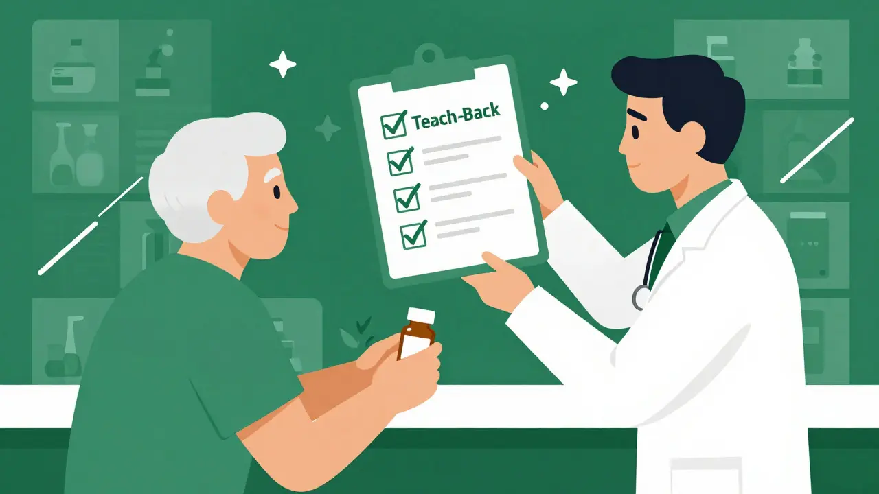 Elderly patient and pharmacist reviewing medication list together