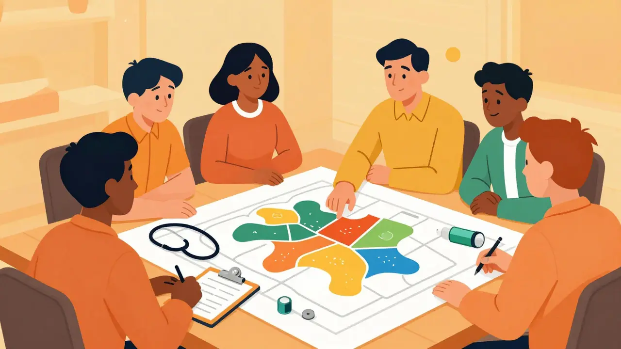 Group of people collaboratively reviewing a medical strategy plan