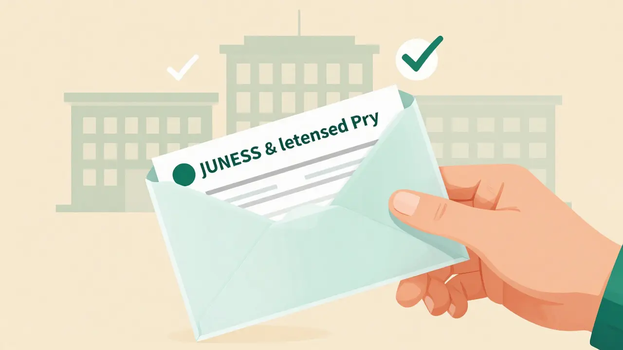 Hand placing a prescription into an envelope, surrounded by symbols of regulatory safety and trust