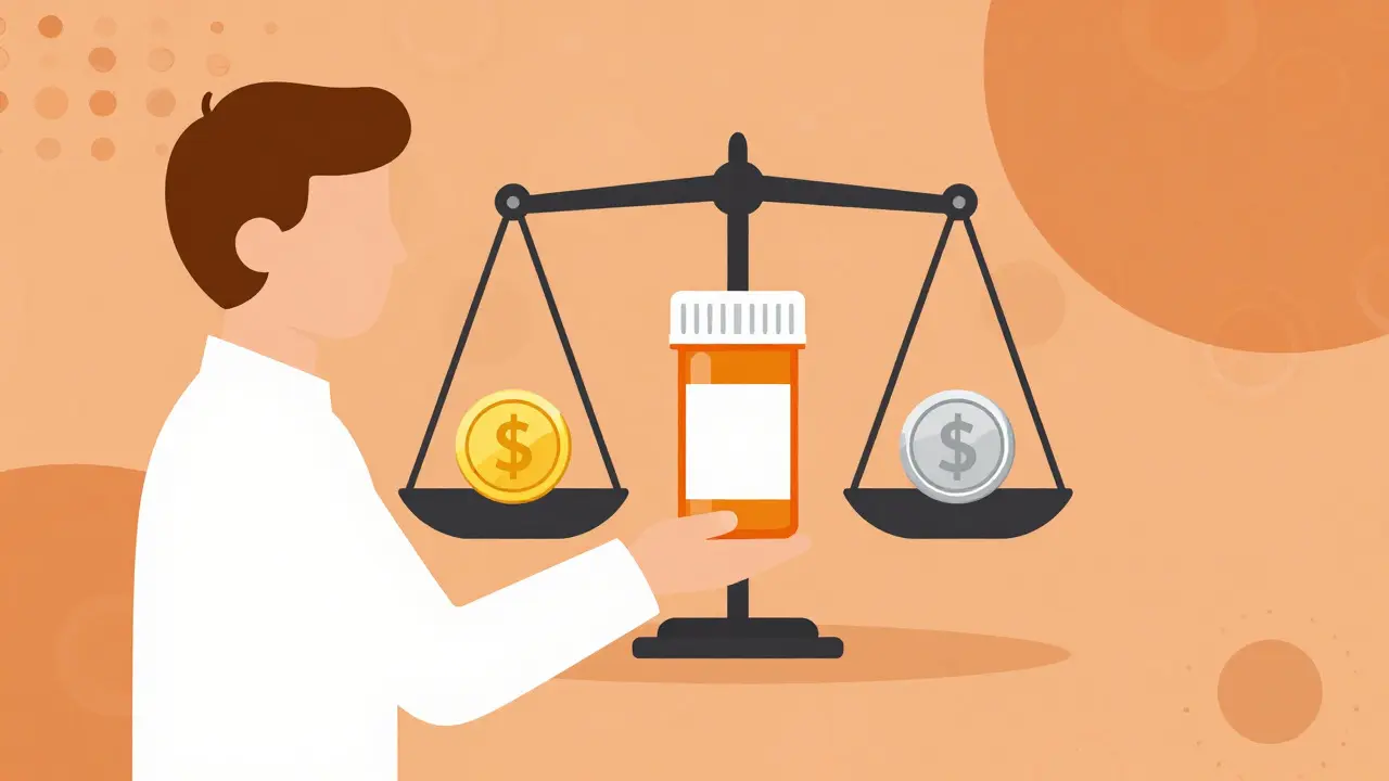 Pharmacist handing over medication with symbolic cost comparison