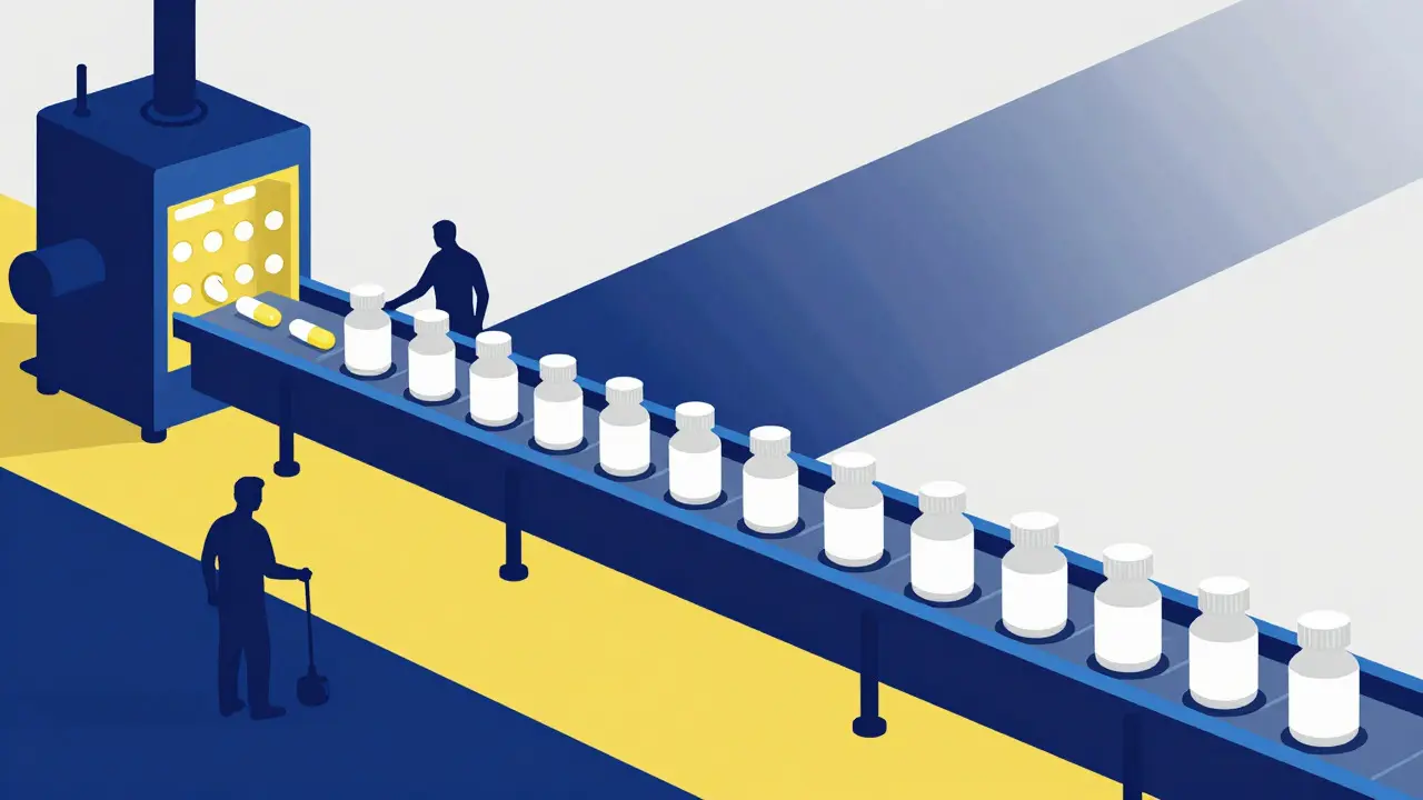 Production line showing identical pills moving to unbranded bottles