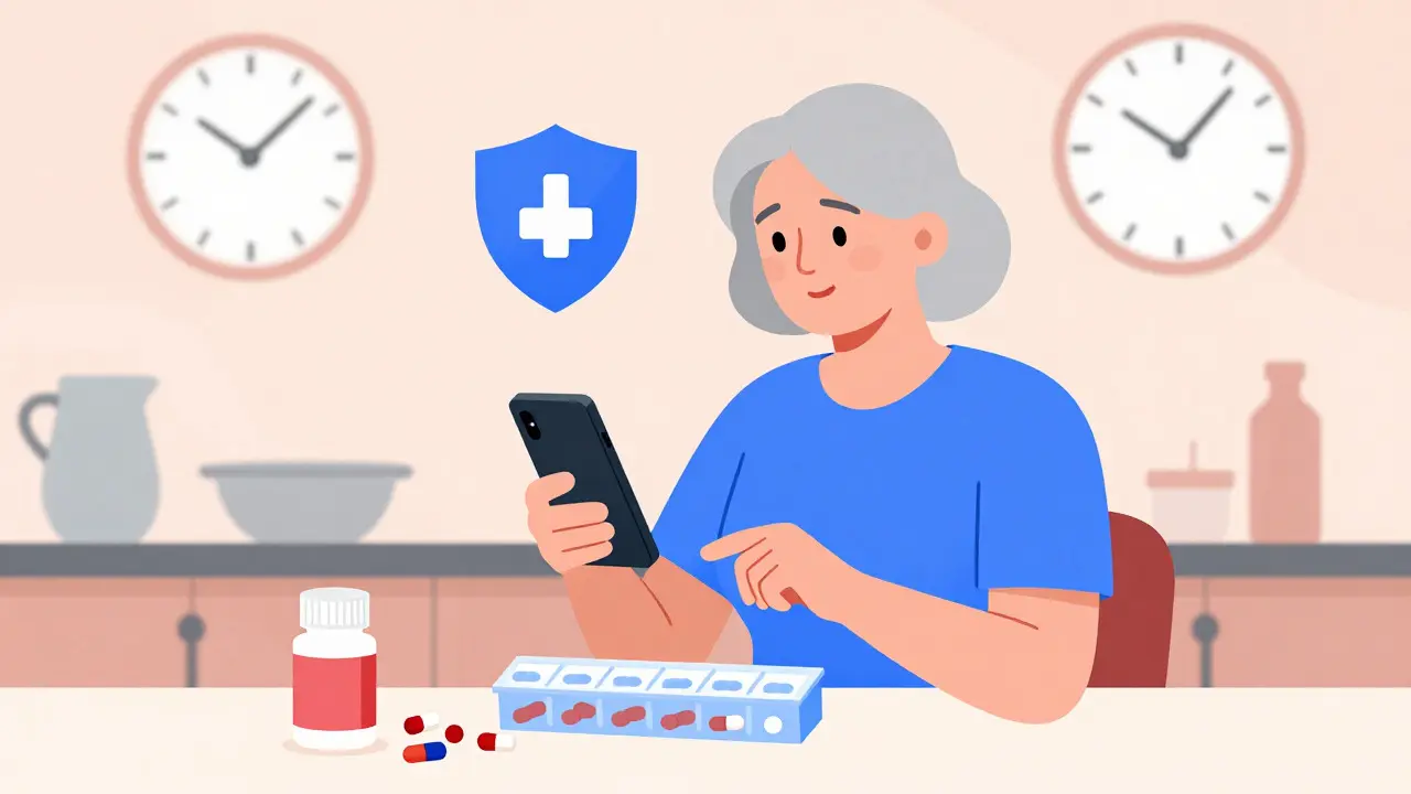 Senior woman organizing pills at home with protective shield icon