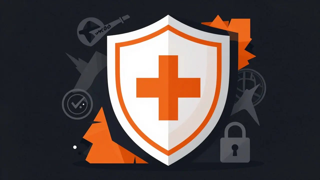 Shield protecting a patient from abstract fraud symbols