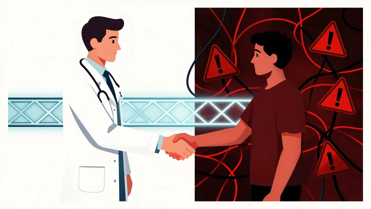 Split illustration contrasting a safe telehealth consultation with a chaotic, risky online marketplace