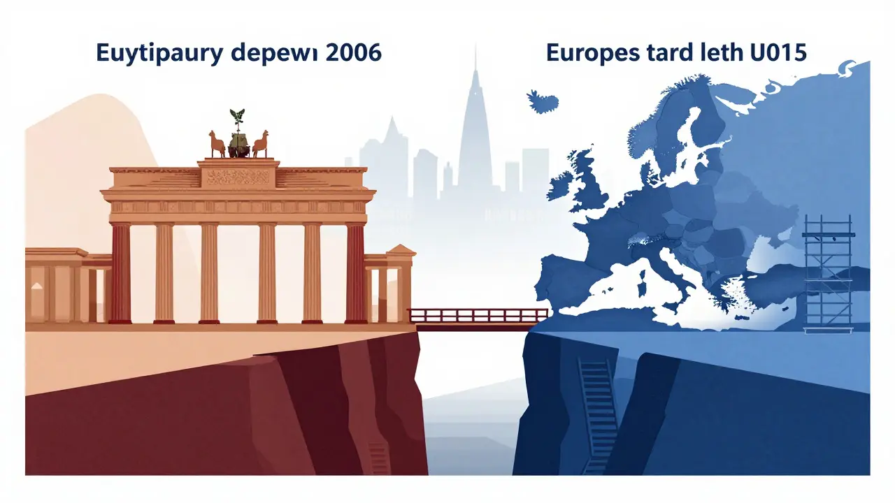 Stylized bridge showing Europe's established biosimilar path vs US's developing infrastructure.