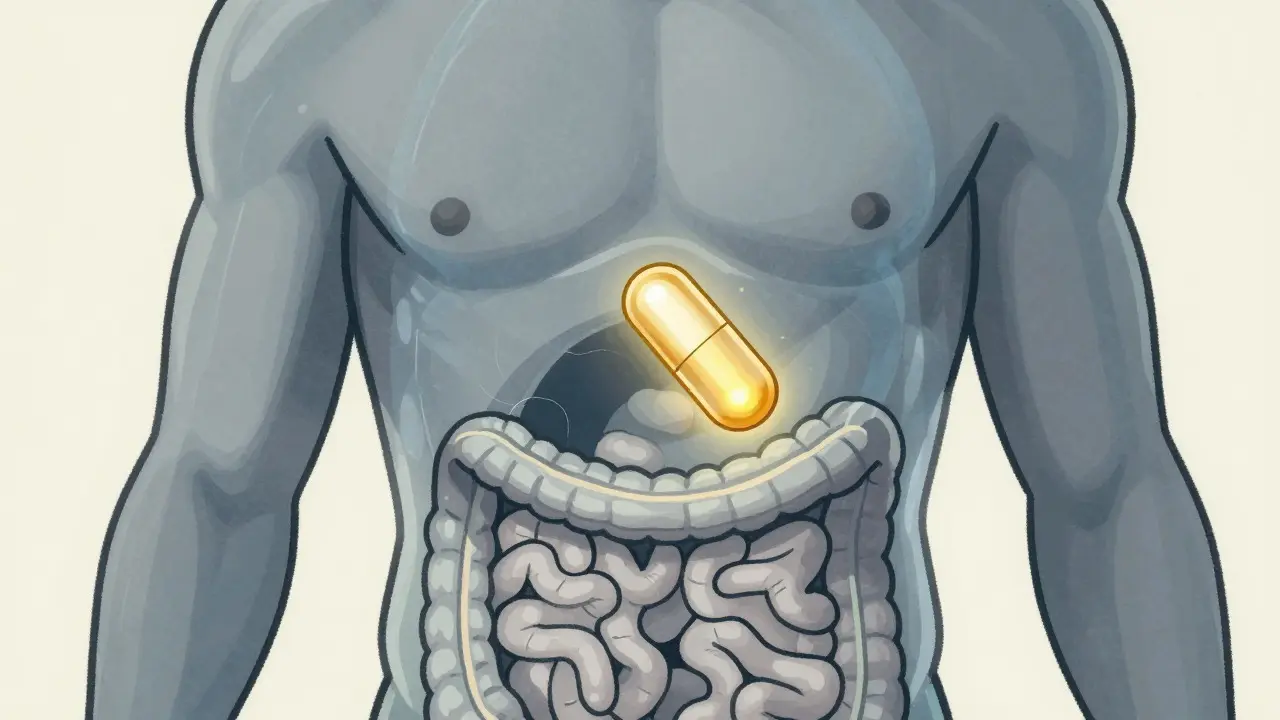 Stylized illustration of medication acting locally in the intestines