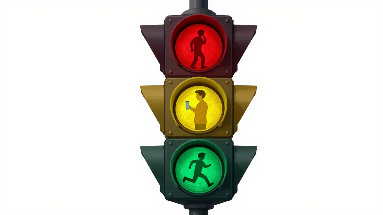 Stylized traffic light showing red, yellow, and green health zones