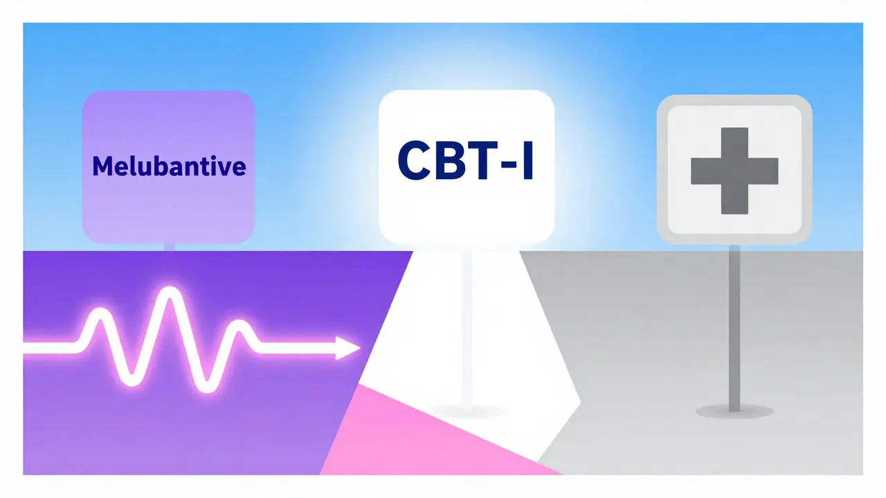 Three diverging paths representing melatonin, therapy, and prescription options for sleep