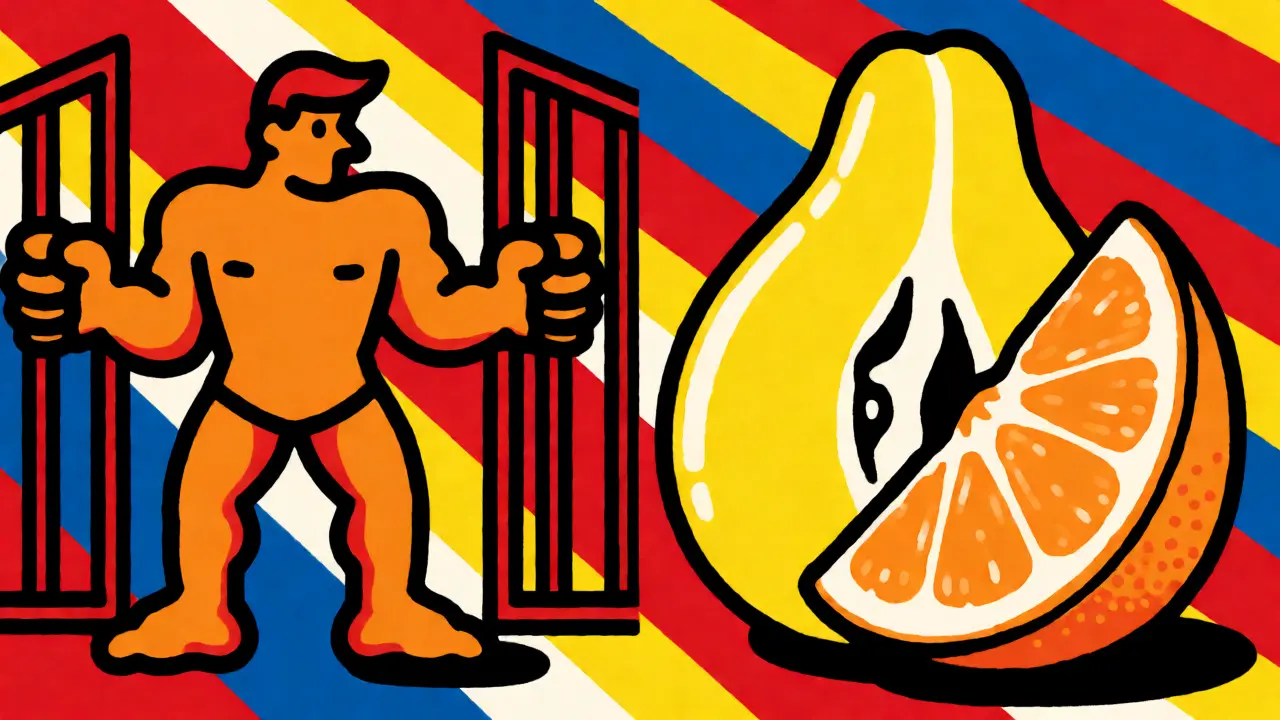 Abstract cartoon showing citrus fruits disabling a guard figure representing enzymes