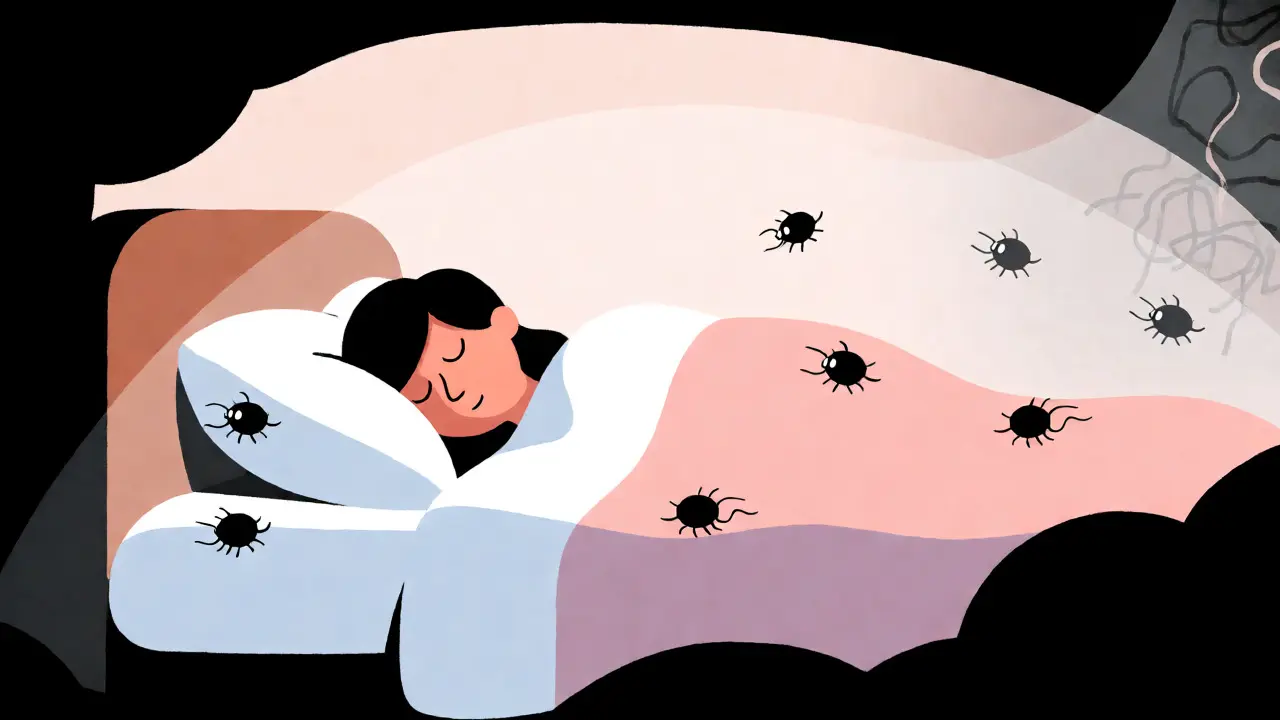Conceptual art of a protected bedroom where dust mites are repelled by clean bedding barriers.