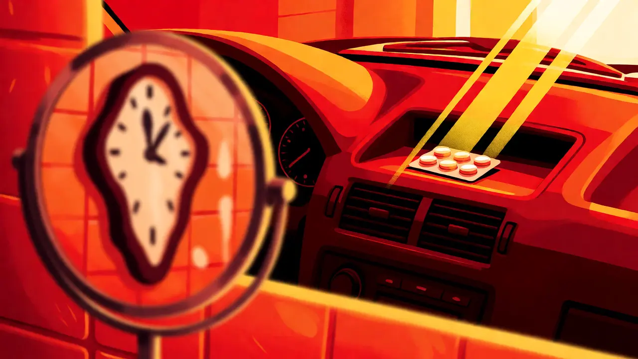 Graphic poster of a pill blister pack on a hot car dashboard with aggressive sunbeams and a melting clock.