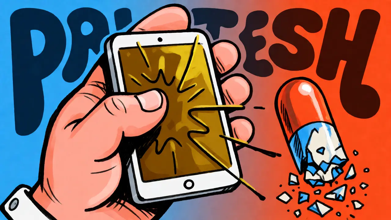 Illustration of a hand holding a discolored tablet and crumbling capsule with abstract lines showing odor.