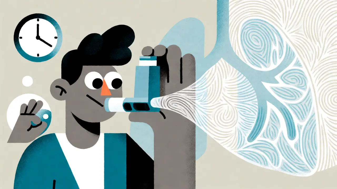 Illustration of a person using an inhaler with a spacer, with mist flowing into abstract lungs.