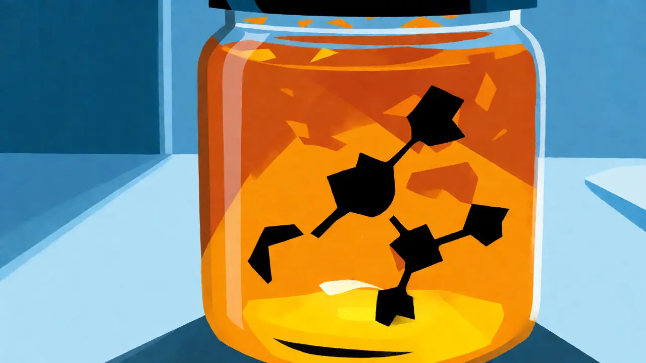 Stylized art of Seville orange marmalade glowing intensely like a chemical hazard